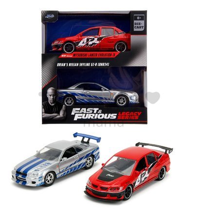 Autíčka Mitsubishi Lancer Evolution IX a Nissan Skyline GTR R34 Fast & Furious Twin Pack Jada kovové s otvárateľnými dverami dĺžka 13 cm 1:32