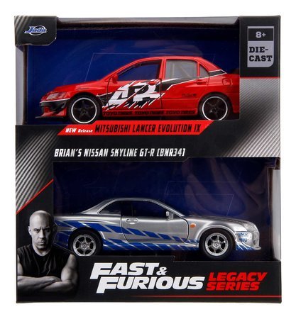 Autíčka Mitsubishi Lancer Evolution IX a Nissan Skyline GTR R34 Fast & Furious Twin Pack Jada kovové s otvárateľnými dverami dĺžka 13 cm 1:32