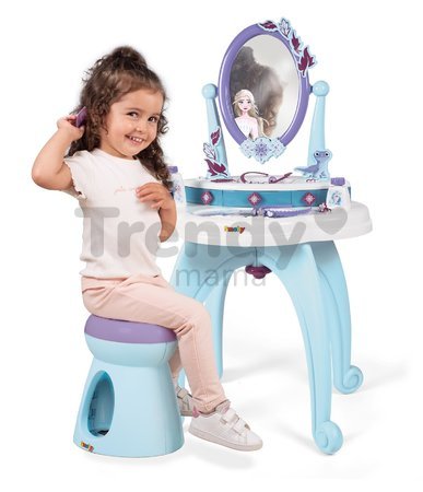 Kozmetický stolík a taburetka Frozen Hairdresser 2in1 Smoby so zrkadielkom a 10 doplnkov