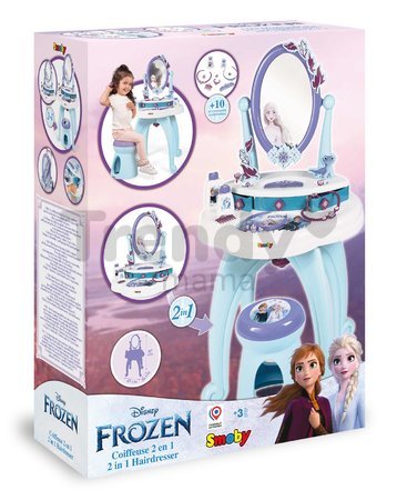 Kozmetický stolík a taburetka Frozen Hairdresser 2in1 Smoby so zrkadielkom a 10 doplnkov