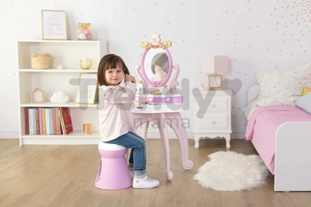 Kozmetický stolík Disney Princess 2in1 Hairdresser Smoby a stolička s 10 skrášľovacími doplnkami 94 cm výška