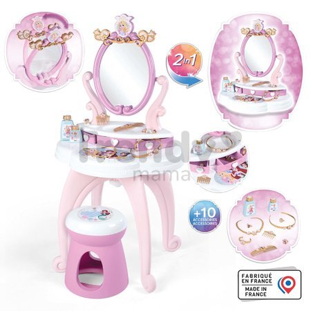 Kozmetický stolík Disney Princess 2in1 Hairdresser Smoby a stolička s 10 skrášľovacími doplnkami 94 cm výška