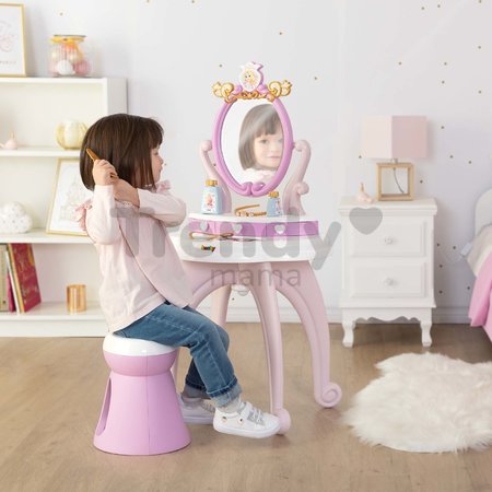 Kozmetický stolík Disney Princess 2in1 Hairdresser Smoby a stolička s 10 skrášľovacími doplnkami 94 cm výška