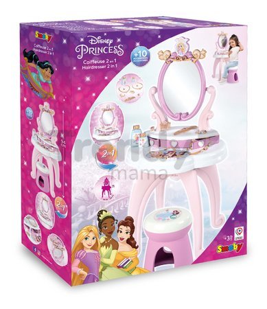 Kozmetický stolík Disney Princess 2in1 Hairdresser Smoby a stolička s 10 skrášľovacími doplnkami 94 cm výška