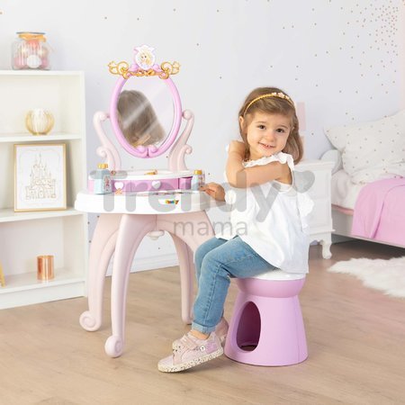 Kozmetický stolík Disney Princess 2in1 Hairdresser Smoby a stolička s 10 skrášľovacími doplnkami 94 cm výška