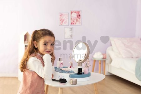 Kozmetický stolík s odnímateľným zrkadlom My Beauty Studio Smoby otvárateľné priehradky a stromčeky na zavesenie šperkov a 15 doplnkov