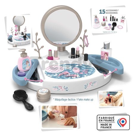 Kozmetický stolík s odnímateľným zrkadlom My Beauty Studio Smoby otvárateľné priehradky a stromčeky na zavesenie šperkov a 15 doplnkov