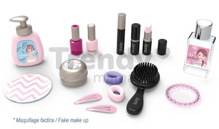 Kozmetický stolík s odnímateľným zrkadlom My Beauty Studio Smoby otvárateľné priehradky a stromčeky na zavesenie šperkov a 15 doplnkov