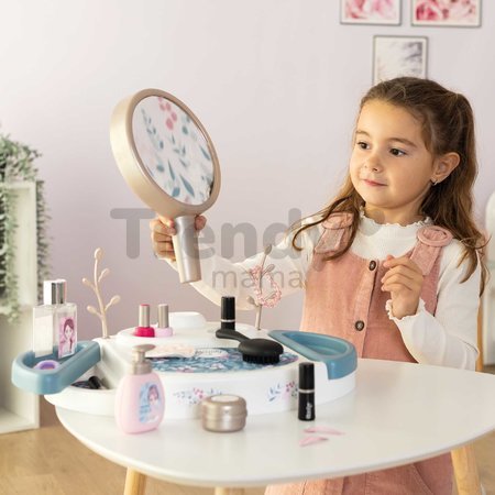 Kozmetický stolík s odnímateľným zrkadlom My Beauty Studio Smoby otvárateľné priehradky a stromčeky na zavesenie šperkov a 15 doplnkov