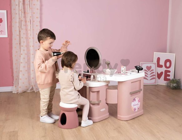 Kozmetický stolík s elektronickým fénom My Beauty Center 3v1 Smoby kaderníctvo a kozmetika s nechtovým štúdiom 26 doplnkov
