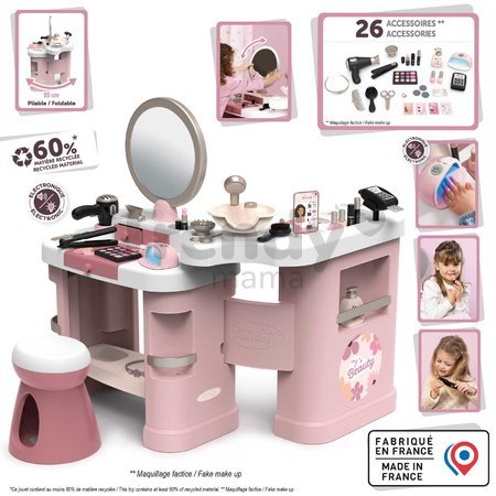 Kozmetický stolík s elektronickým fénom My Beauty Center 3v1 Smoby kaderníctvo a kozmetika s nechtovým štúdiom 26 doplnkov