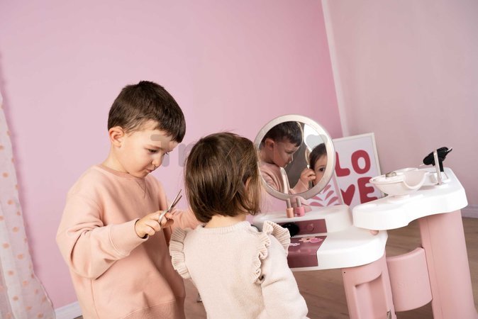 Kozmetický stolík s elektronickým fénom My Beauty Center 3v1 Smoby kaderníctvo a kozmetika s nechtovým štúdiom 26 doplnkov