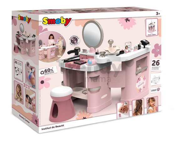 Kozmetický stolík s elektronickým fénom My Beauty Center 3v1 Smoby kaderníctvo a kozmetika s nechtovým štúdiom 26 doplnkov