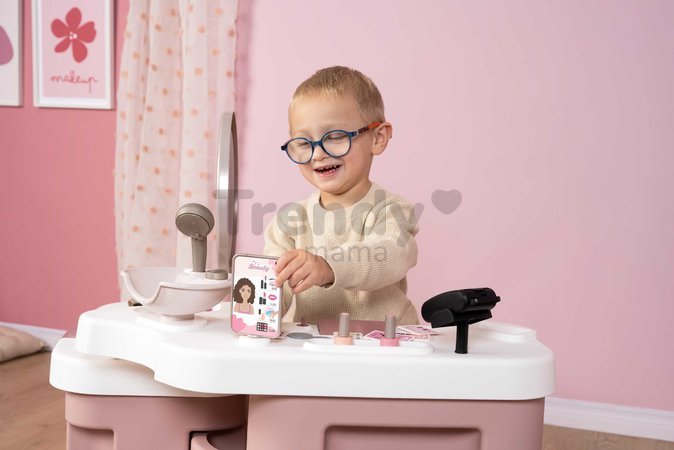 Kozmetický stolík s elektronickým fénom My Beauty Center 3v1 Smoby kaderníctvo a kozmetika s nechtovým štúdiom 26 doplnkov