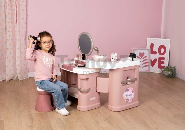 Kozmetický stolík s elektronickým fénom My Beauty Center 3v1 Smoby kaderníctvo a kozmetika s nechtovým štúdiom 26 doplnkov