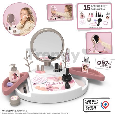 Kozmetický stolík s polohovateľným zrkadlom My Beauty Studio Smoby s otočnými poličkami a stromčeky na zavesenie šperkov s 15 doplnkami