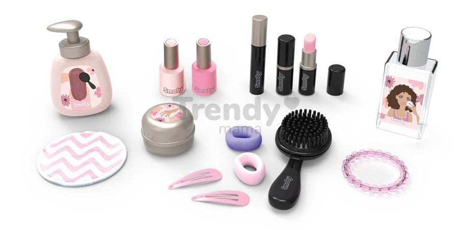 Kozmetický stolík s polohovateľným zrkadlom My Beauty Studio Smoby s otočnými poličkami a stromčeky na zavesenie šperkov s 15 doplnkami