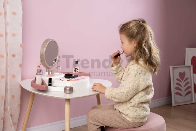 Kozmetický stolík s polohovateľným zrkadlom My Beauty Studio Smoby s otočnými poličkami a stromčeky na zavesenie šperkov s 15 doplnkami