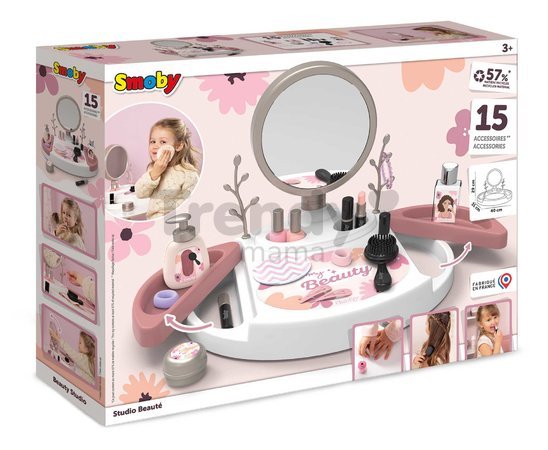Kozmetický stolík s polohovateľným zrkadlom My Beauty Studio Smoby s otočnými poličkami a stromčeky na zavesenie šperkov s 15 doplnkami