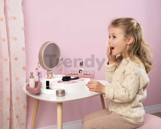 Kozmetický stolík s polohovateľným zrkadlom My Beauty Studio Smoby s otočnými poličkami a stromčeky na zavesenie šperkov s 15 doplnkami