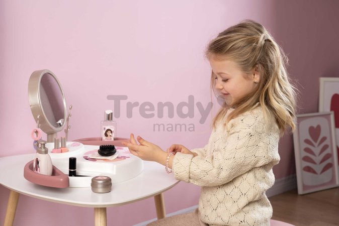 Kozmetický stolík s polohovateľným zrkadlom My Beauty Studio Smoby s otočnými poličkami a stromčeky na zavesenie šperkov s 15 doplnkami
