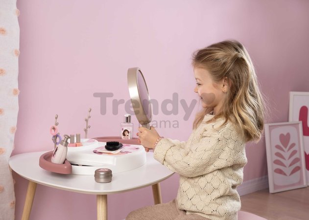 Kozmetický stolík s polohovateľným zrkadlom My Beauty Studio Smoby s otočnými poličkami a stromčeky na zavesenie šperkov s 15 doplnkami