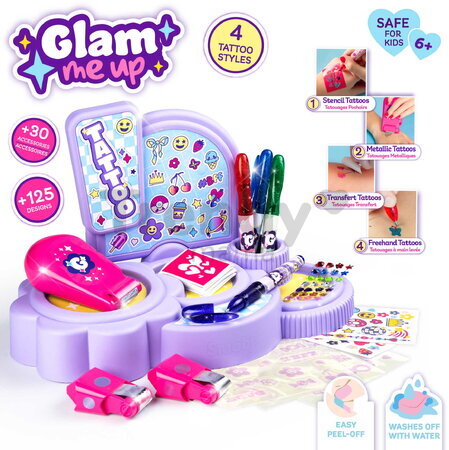Tetovacie štúdio s ozdobnými kamienkami Glam Tattoo Corner Smoby 4 rôzne štýly tetovania 30 doplnkov od 6 rokov