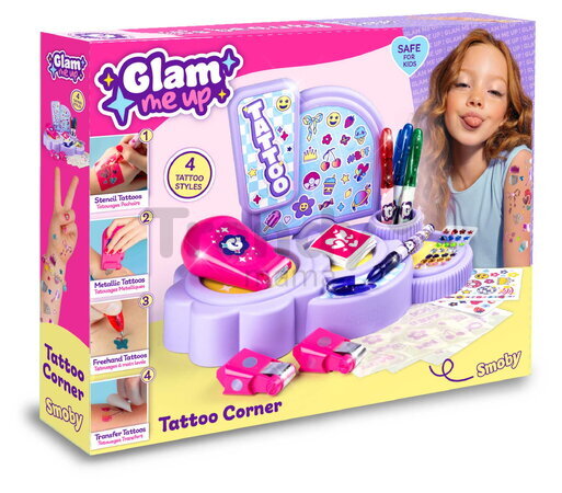 Tetovacie štúdio s ozdobnými kamienkami Glam Tattoo Corner Smoby 4 rôzne štýly tetovania 30 doplnkov od 6 rokov