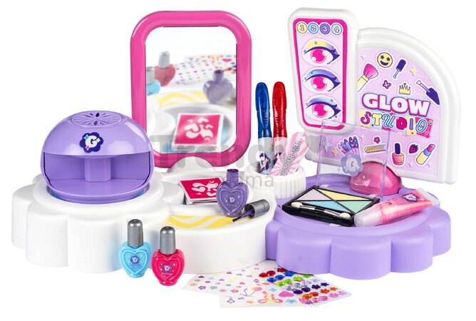 Kozmetický kútik so zrkadlom 3v1 Glam 3v1 Glow Studio Smoby s nechtovým a tetovacím štúdiom 21 doplnkov s reálnou kozmetikou od 6 rokov