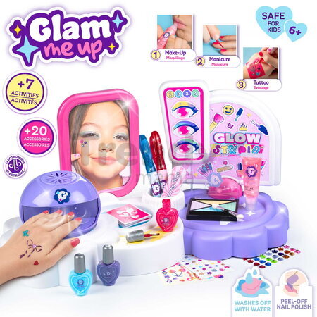 Kozmetický kútik so zrkadlom 3v1 Glam 3v1 Glow Studio Smoby s nechtovým a tetovacím štúdiom 21 doplnkov s reálnou kozmetikou od 6 rokov