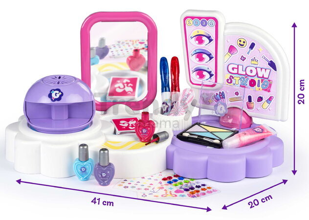 Kozmetický kútik so zrkadlom 3v1 Glam 3v1 Glow Studio Smoby s nechtovým a tetovacím štúdiom 21 doplnkov s reálnou kozmetikou od 6 rokov