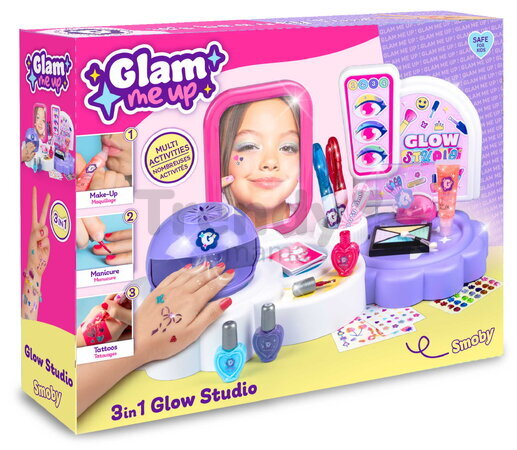 Kozmetický kútik so zrkadlom 3v1 Glam 3v1 Glow Studio Smoby s nechtovým a tetovacím štúdiom 21 doplnkov s reálnou kozmetikou od 6 rokov