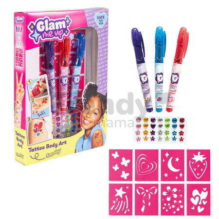 Tetovacia sada s ozdobnými kamienkami Glam Tattoo Body Art Smoby s 8 šablónami a fixkami na telo od 6 rokov
