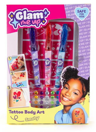 Tetovacia sada s ozdobnými kamienkami Glam Tattoo Body Art Smoby s 8 šablónami a fixkami na telo od 6 rokov