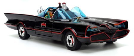 Autíčko Batman Classic Batmobile 1966 Deluxe Jada kovové s otvárateľnými dverami a 4 figúrkami dĺžka 19 cm 1:24