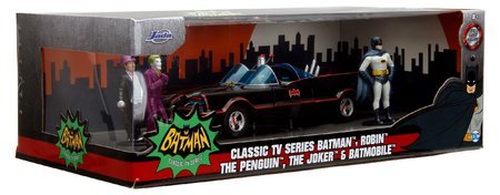 Autíčko Batman Classic Batmobile 1966 Deluxe Jada kovové s otvárateľnými dverami a 4 figúrkami dĺžka 19 cm 1:24