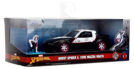 Autíčko Marvel Ghost Spider Mazda Miata 1990 Jada kovové s otvárateľnými dverami a figúrkou Gwen dĺžka 12,5 cm 1:32