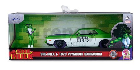 Autíčko Playmouth Barracuda 1973 Marvel Jada kovové s otvárateľnými dverami a figúrka She-Hulk 13,5 cm 1:32