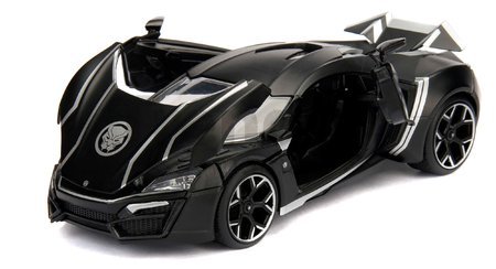 Autíčko Marvel Avengers Lykan Hypersport Jada kovové s otvárateľnými časťami a figúrkou Black Panther dĺžka 20 cm 1:24