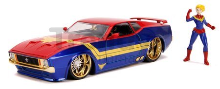 Autíčko Marvel Ford Mustang Mach 1973 Jada kovové s otvárateľnými časťami a figúrkou Captain Marvel 18 cm dĺžka 1:24