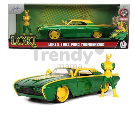 Autíčko Marvel Ford Thunderbird Jada kovové s otvárateľnými časťami a figúrkou Loki dĺžka 22 cm 1:24
