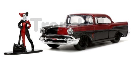 Autíčko DC Chevy Bel Air 1957 Jada kovové s otvárateľnými dverami a figúrkou Harley Quinn dĺžka 13 cm 1:32