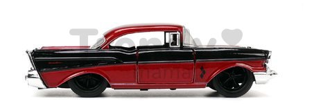 Autíčko DC Chevy Bel Air 1957 Jada kovové s otvárateľnými dverami a figúrkou Harley Quinn dĺžka 13 cm 1:32