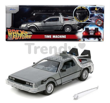 Autíčko Time Machine Back to the Future 1 Jada kovové s otvárateľnými dverami a LED svetlom dĺžka 23 cm 1:24