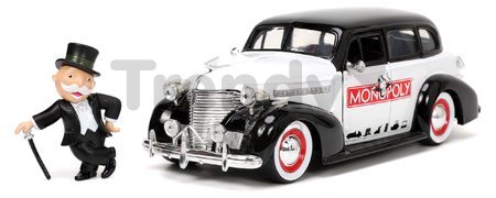 Autíčko Monopoly Chevy Master 1939 Jada kovové s otvárateľnými časťami a figúrkou Uncle Pennybags dĺžka 20 cm 1:24