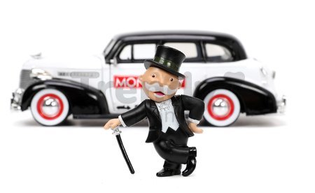 Autíčko Monopoly Chevy Master 1939 Jada kovové s otvárateľnými časťami a figúrkou Uncle Pennybags dĺžka 20 cm 1:24
