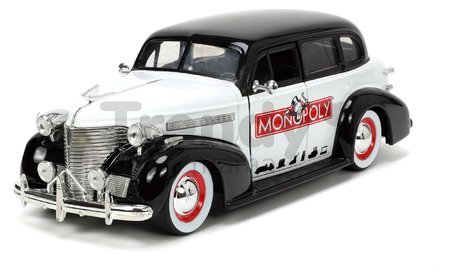 Autíčko Monopoly Chevy Master 1939 Jada kovové s otvárateľnými časťami a figúrkou Uncle Pennybags dĺžka 20 cm 1:24