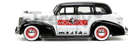 Autíčko Monopoly Chevy Master 1939 Jada kovové s otvárateľnými časťami a figúrkou Uncle Pennybags dĺžka 20 cm 1:24