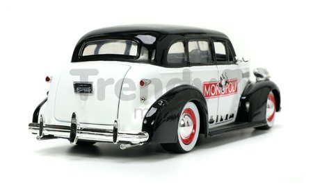 Autíčko Monopoly Chevy Master 1939 Jada kovové s otvárateľnými časťami a figúrkou Uncle Pennybags dĺžka 20 cm 1:24