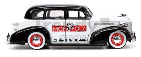 Autíčko Monopoly Chevy Master 1939 Jada kovové s otvárateľnými časťami a figúrkou Uncle Pennybags dĺžka 20 cm 1:24